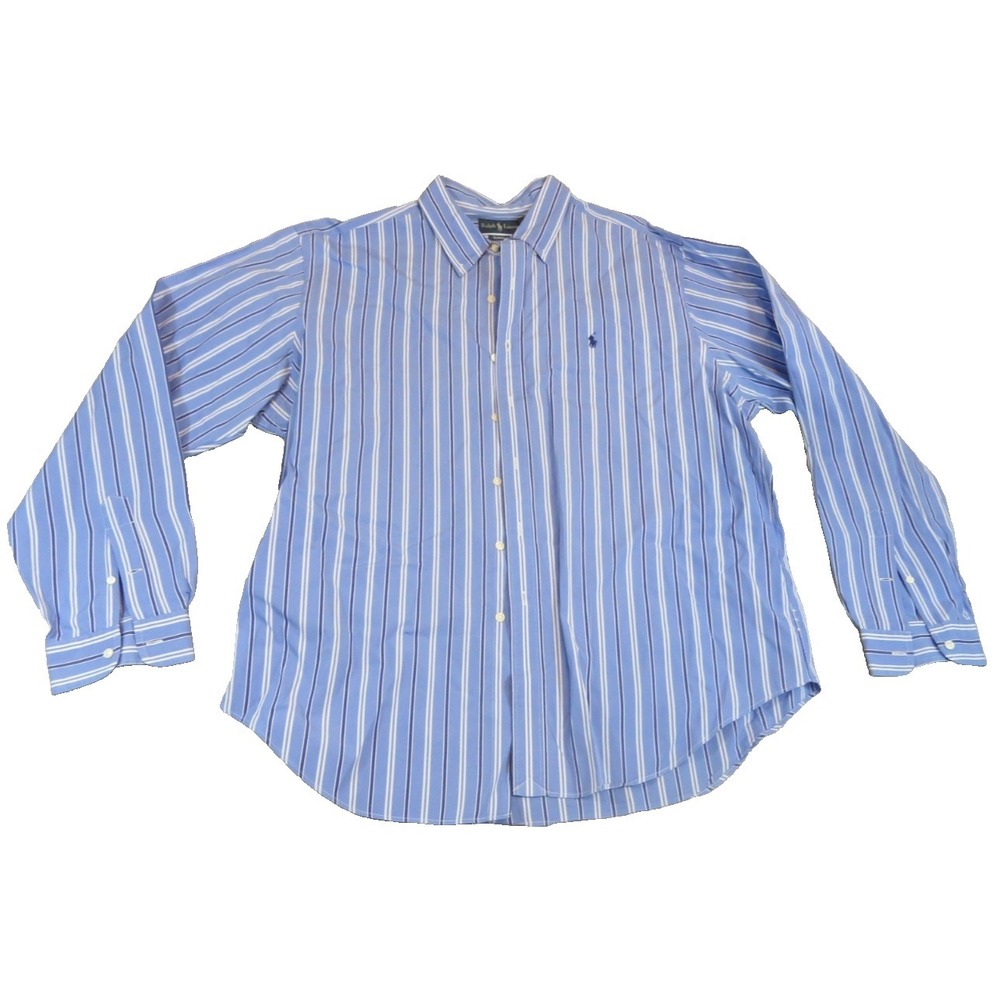 Polo Ralph Lauren Shirt Men XXL Blue White Stripe Classic Fit Cotton Button Long